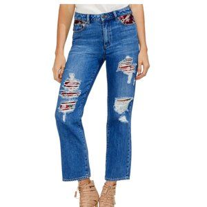 Brocade Tapestry Patch Distressed Wide Leg Jeans Vince Camuto Size 29 / 8 NWT